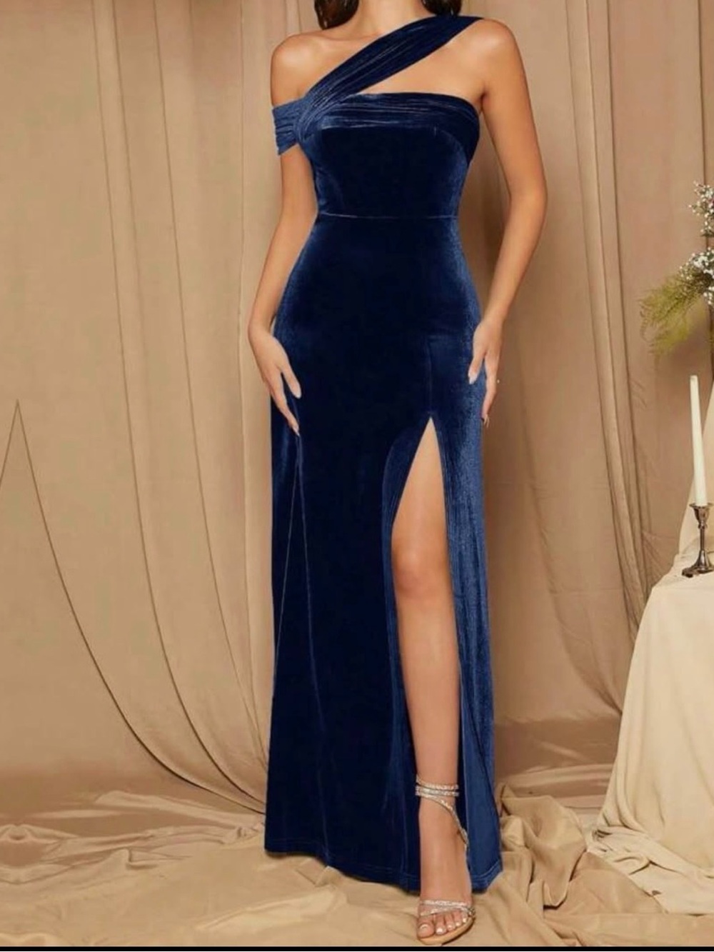 SHEIN Navy One-Shoulder Velvet Evening Dress with High Slit